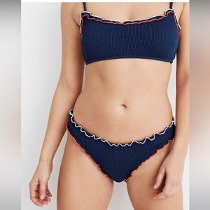 NWT Madewell Ruffle-Edge Textured Curved-Waist Bikini Bottom - Size Small - Navy